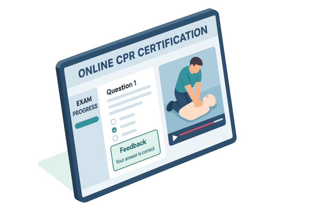 image of online CPR certification course on a digital screen with video playing