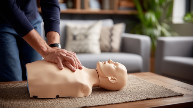 CPR training manikin sitting on a coffee table in the living room of a home while a person practices chest compressions